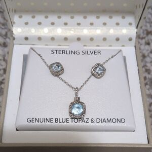 Sterling Silver Blue Topaz & Diamond Jewelry Set